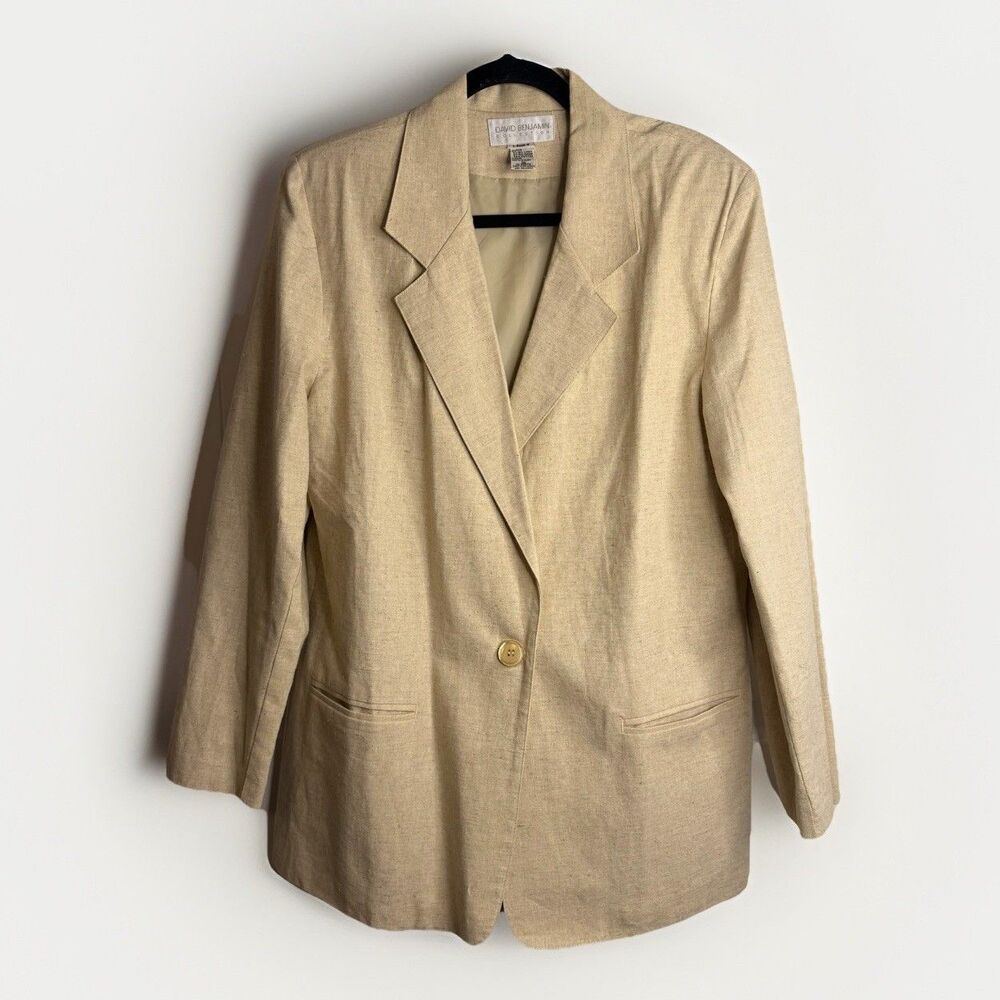Vtg David Benjamin Collection Linen Blend Blazer Jacket Beige Size 14 Ramie